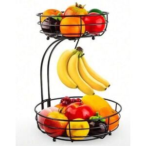 2-Tier Countertop Metal Fruit Basket with Banana Hanger